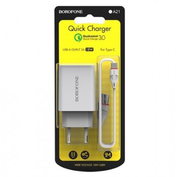 зарядний пристрій Borofone Long journey на 1 USB QC3.0 + шнур Type-C  BA21A