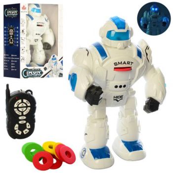 робот р/к 36см., ходить, їздить, стріляє дисками, муз, світло, на бат. в кор. 26х36х14см. 27115 (12)