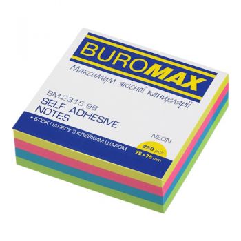 блок з клейким шаром Buromax 76х 76мм. 250арк. неон асорті  ВМ.2315-98  (6/96)