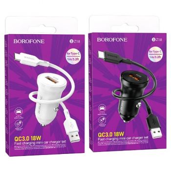 автомобільний зарядний пристрій Borofone на 1 USB QC3 + кабель Type-C   BZ18C