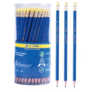 олівець чорнографітний Buromax пластиков., син. корпус, з гум., в тубі НВ  ВМ.8514  (100/1000/2000)