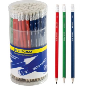 олівець чорнографітний Buromax ас-ті кол. корпуса, з гумкою, в тубі НВ  ВМ.8501  (100/600/1800)