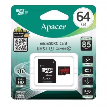 карта пам`яті Apacer micro SDHC  64Gb Class10  R85MB/s + адаптер