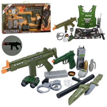 набір автомат, пістолет, рація, наручники, ніж, 2 жилети/бінокль, в кор. 67х39х5см.  JS001A-03  (18)