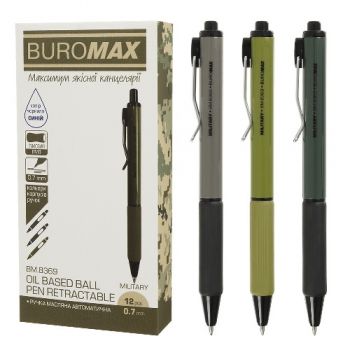 ручка Buromax Military кульк. масл. автом. з гум. грипом синя 0,7мм.  ВМ.8369  (12/1728)