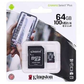 карта пам`яті Kingston micro SDXC  64Gb  Canvas Select Plus Class 10 (R-100MB/s) + SD адаптер