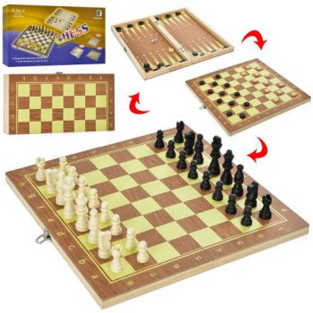 шахи дерев`яні 3в1 (шахи, шашки, нарди), фігури пластикові, кубик, в кор. 35х18х3,5см.  QP002-1 (24)