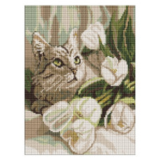 алмазна мозаїка Ідейка 30х40см. "Зеленоокий кіт з тюльпанами"  АМО20099