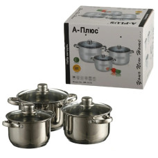 набір каструль A-Plus 3шт. нержав. зі скляними кришками  2176  (4)