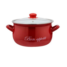 каструля емальована глибока зі скляною кришкою Bon appetit червоний 2,1л. d-16см.  2234С