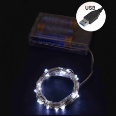 електрогірлянда роса 100 LED, 10м., на батарейках + USB, білий колір  1978-03u