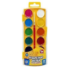 фарби акварельні Школярик медові 12кол.,з пензликом,  пласт. кор., з європідвісом   302023003  (12)
