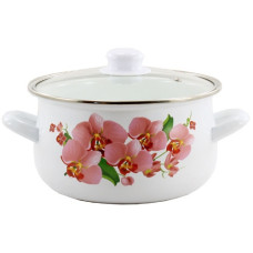 каструля емальована зі скляною кришкою Орхідея-1 рожева 5,0л. d-24см.  1W