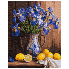 картина за номер. Ідейка 40х50см. "Іриси у вазі та лимони"  КНО3319