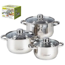 набір каструль Maestro нержав. зі скляними кришками 3шт.  MR-2020-6M