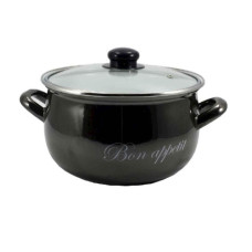 каструля емальована глибока зі скляною кришкою Bon appetit чорний 2,1л. d-16см.  2234А