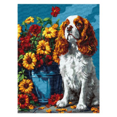 картина за номер. Ідейка 30х40см. "Спаніель та квіти"  КНО6673