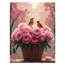 картина за номер. Strateg 30х40см. "Півонії з пташками"  SS-1273