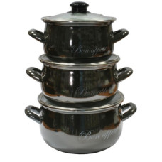 набір каструль емальованих глибоких зі скляними кришками 3шт. Bon appetit чорний  2234А