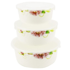 набір салатників склокерамічних 3шт. (14см./16см./19см.) з кришками Бузковий піон  6616 HDW-3B  (12)