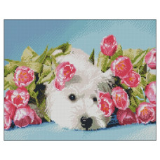 алмазна мозаїка Strateg 40х50см. "Собака в квітах"  в тубі, без підрамника  ZAV4050-26