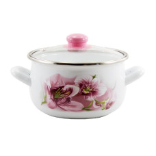 каструля емальована глибока зі скляною кришкою Орхідея рожева 2,1л. d-16см.  5 LA