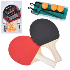 ракетка 2шт. 25,5см., EVA, ручка дер., 3 кульки 40мм., сітка, в слюді 18х28х4,5см.  MS 0218-1  (50)