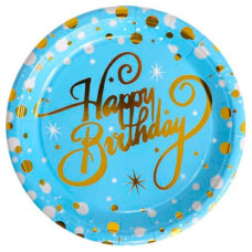набір тарілок картонних Pelican "Happy Birthday" блакитні із золотом 18см. 10шт.  871623