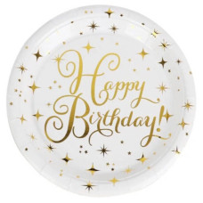 набір тарілок картонних Pelican "Happy Birthday" білі із золотими зірочками 18см. 10шт.  871625
