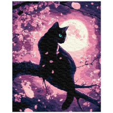 картина за номер. Ідейка 40х50см. "Чарівний кіт серед сакури" з фарбами металік  КНО6757
