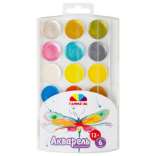 фарби акварельні Гамма (НВ) "Творчість" 18кол. (12+6 перламутр.) пласт.кор. без пензл.  400112  (12)