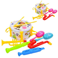 музичні інструменти барабан 18см., 2 палички, дудки, маракаси, в кул. 27х30х9см.  333-3-5  (72)