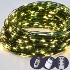 електрогірлянда роса 100 LED, 10м., зелений провід, USB, пульт д/к, теплий білий колір  19011-07