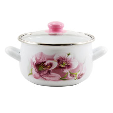 каструля емальована глибока зі скляною кришкою Орхідея рожева 3,1л. d-18см.  5 LA