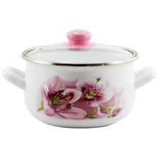 каструля емальована глибока зі скляною кришкою Орхідея рожева 5,1л. d-22см.  5 LA