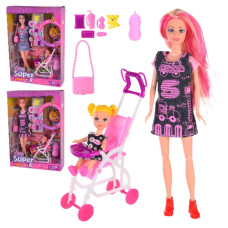 лялька з коляскою та донькою, аксесуари, в кор. 23х6,5х33см.  120-3  (30/60)