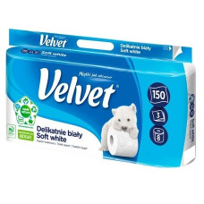 папір туалетний Velvet Soft White тришаровий, 150 відривів, набір  8 рулонів