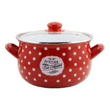 каструля емальована глибока зі скляною кришкою Bon appetit червоний в горох 2,1л. d-16см.  4143