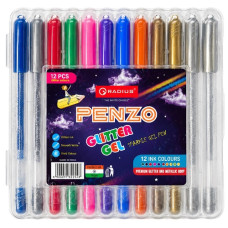 набір гел. ручок Radius Penzo Glitterl 12кол. (8 мікс + 2 срібло + 2 золото) в пл. футлярі  (10/100)